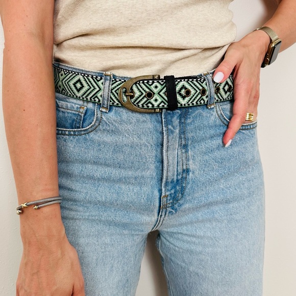 New Free People Belt Jaded Jungle Vert Cotton & Leather S/M boho - Picture 2 of 9